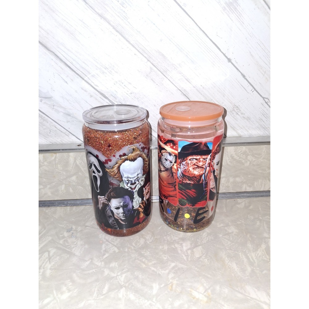 Horror Tumbler Movies Halloween Travel Mug Cup Lot Of 2 Michael Myers Glass